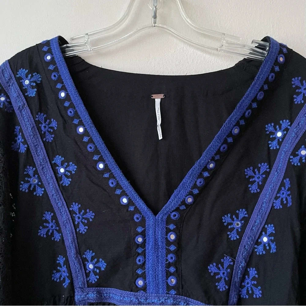 FREE‎ PEOPLE Boogie All Night Peasant Blouse Embroidered Mirror Lace Size Large